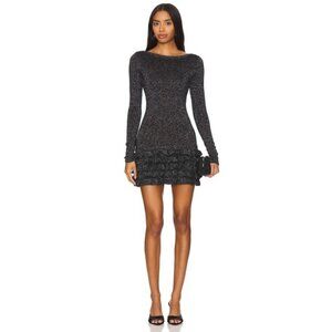 MAJORELLE Vira Lurex Mini Dress Black Gold Silver Metallic Ruffle Small Revolve